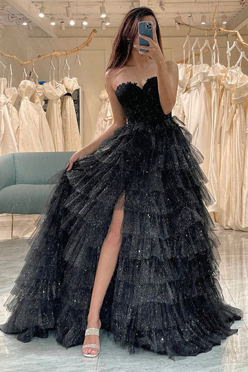 Black A Line Sweetheart Layered Tulle Prom Dress With Slit HZ1023